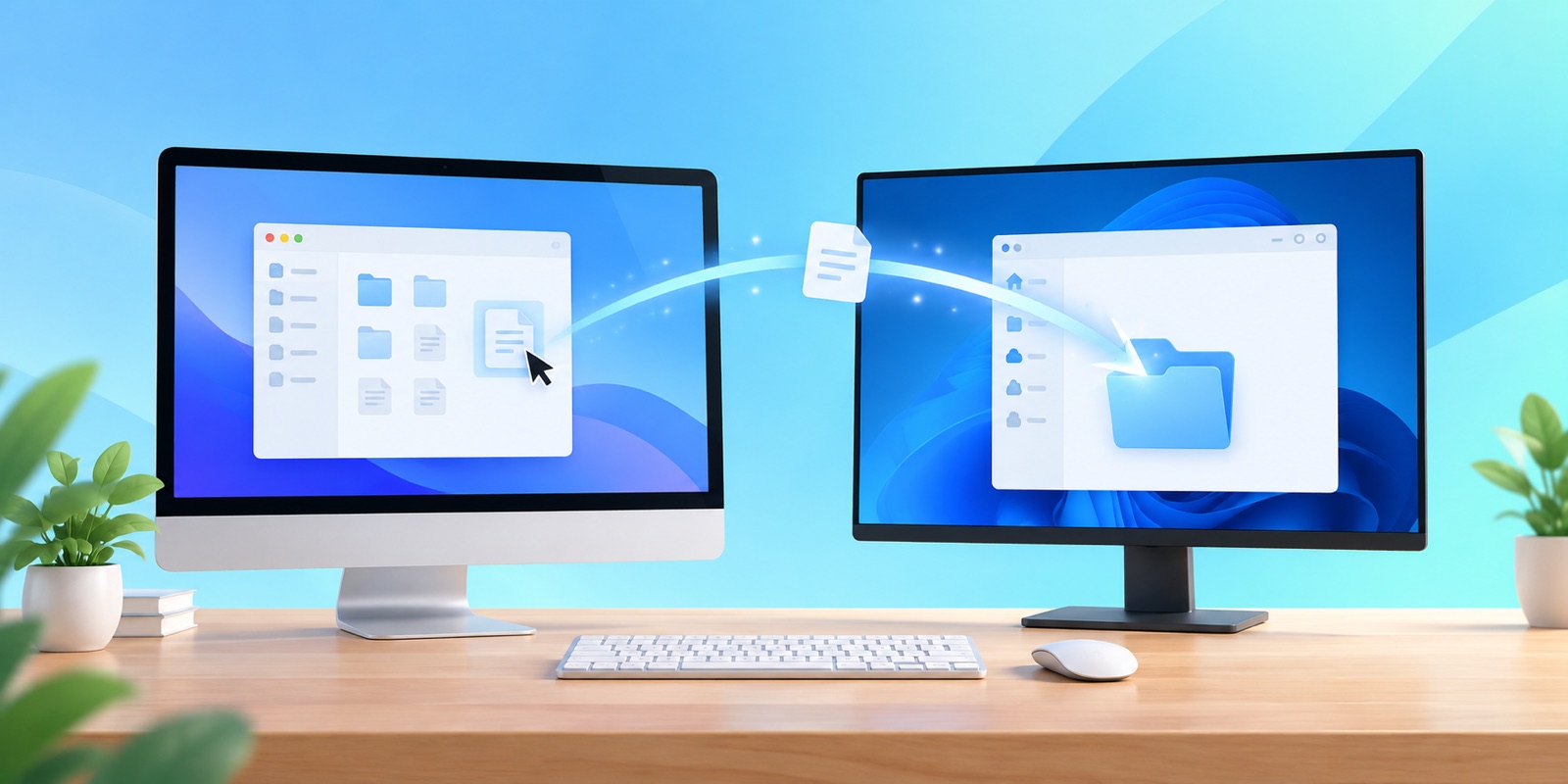 鼠标带着文件从 Mac 屏幕划到 Windows 屏幕的文件夹里